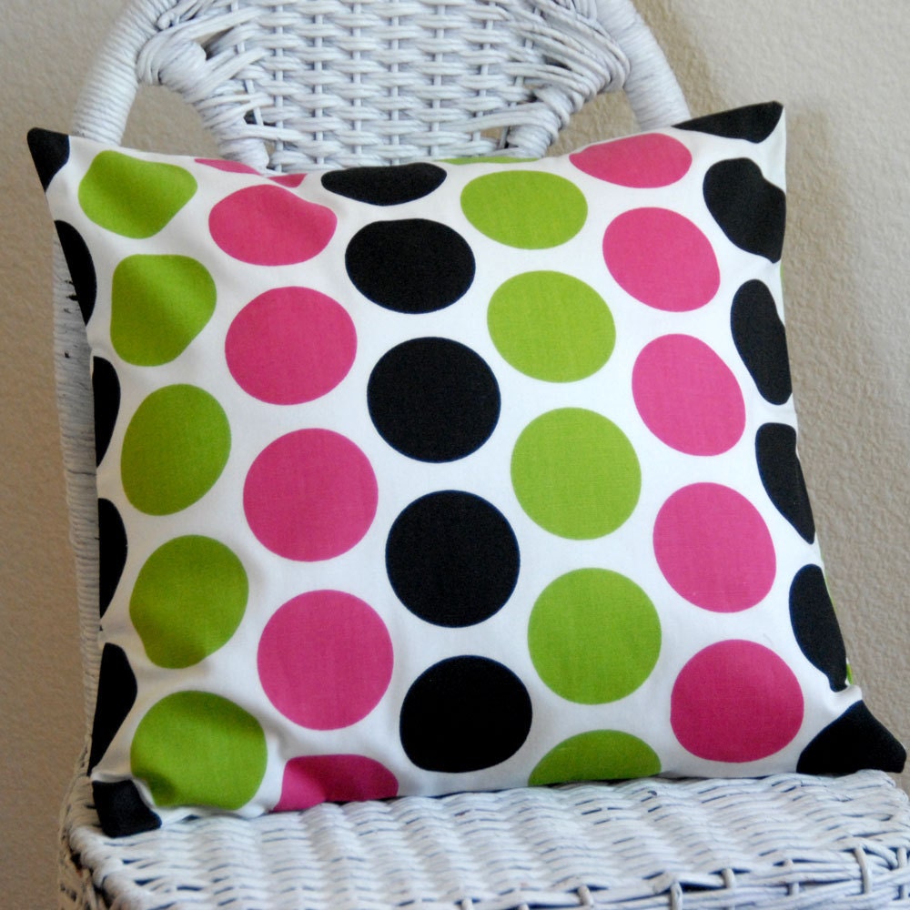 Large Polka Dots in Hot Candy Pink, Chartreuse, and Black on a White Background 16x16 decorative pillow cover