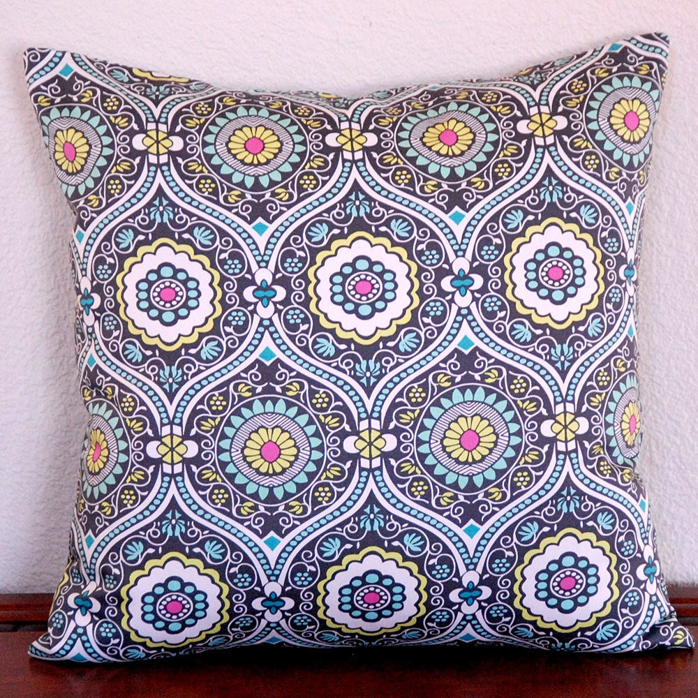 Amy Butler Decorative Pillow Cover Lark Treasure Box Charcoal Aqua Citrine Gray 18x18 cushion coverover