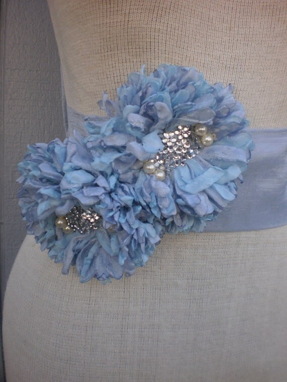 wedding Bridal Sash With a Unique Design Flowers blue color