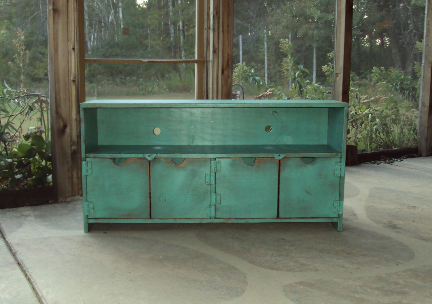 TV Cabinet Storage bench 48 Inch wide SHABBY CHIC Entertainment Center Heavily distressed Turquoise Primitive Wood Plazma Big Screen T V