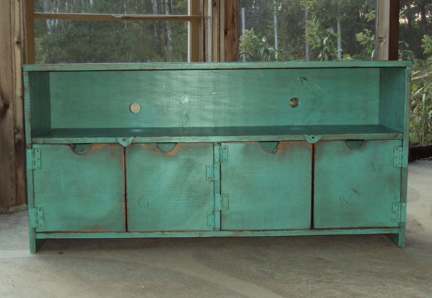 TV Cabinet Storage bench 48 Inch wide SHABBY CHIC Entertainment Center Heavily distressed Turquoise Primitive Wood Plazma Big Screen T V