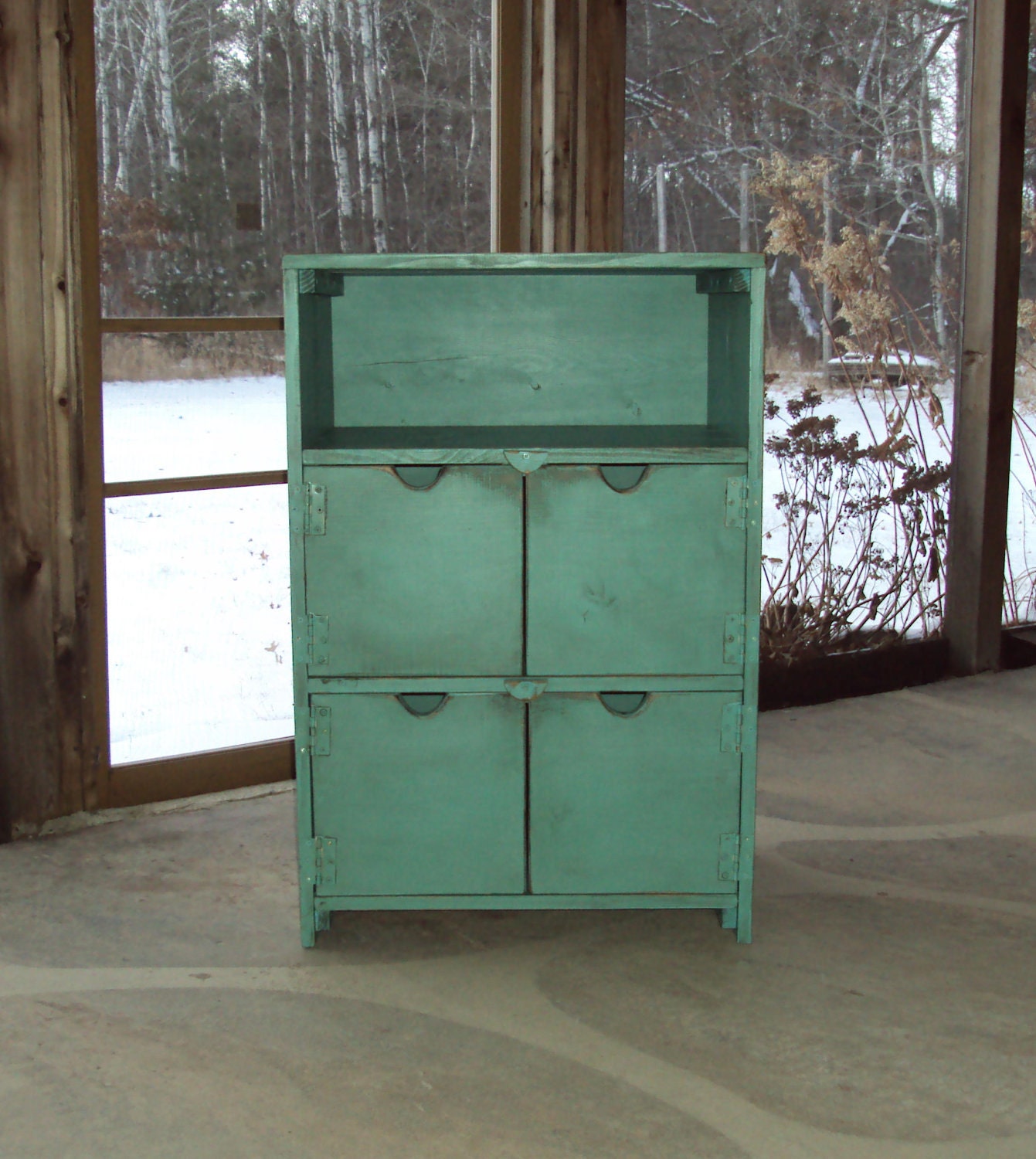 18" deep Distressed Turquoise Book Case Storage Unit SHABBY CHIC Contemporary wood wooden Entertainment Center Mini Bar