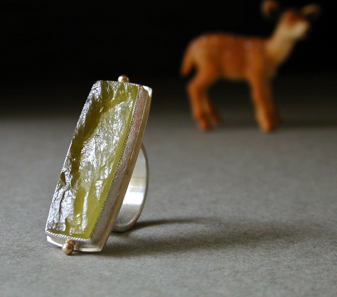 Green Beryl, Gemstone Ring, Rough Top, Sterling Silver,14kt Gold, OOAK