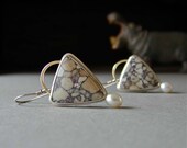 Jasper Earrings, Viper Jasper, Freshwater Pearls, Sterling Silver, 14kt Gold, Grey, Beige, Fabricated