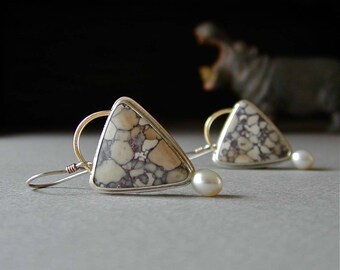 Jasper Earrings, Viper Jasper, Freshwater Pearls, Sterling Silver, 14kt Gold, Grey, Beige, Fabricated