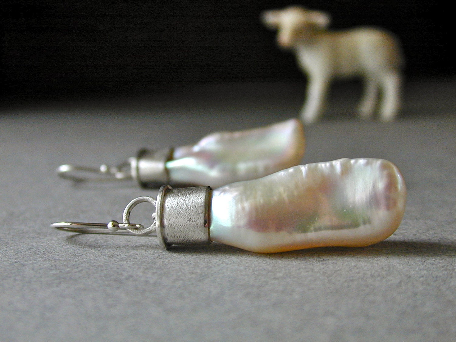 Large Biwa Pearl Drop Earrings in Sterling Silver, Hand Fabricated