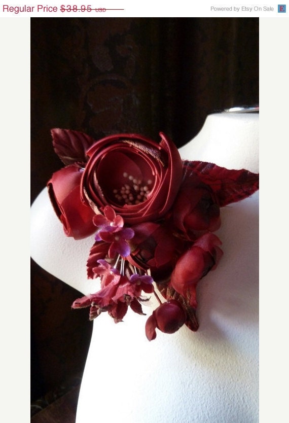 SALE Silk Flower in Red Satin and Velvet Magnificent Corsage for Bridal, Millinery