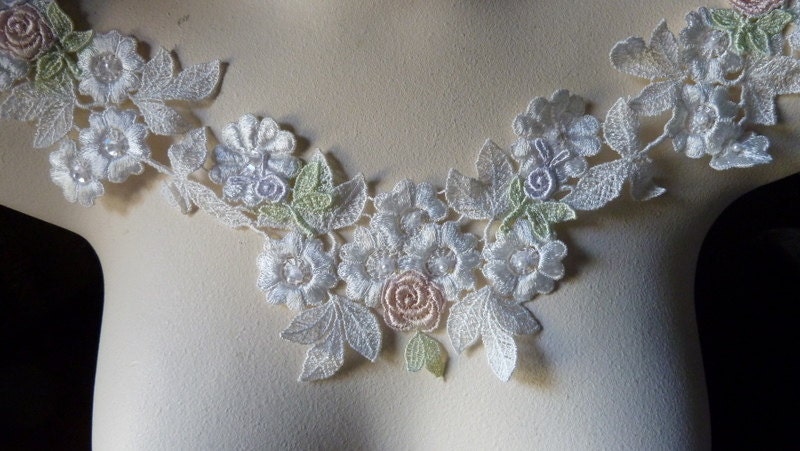 2 Lace Appliques in Ivory Cream Venise Lace With Peach and Lavender for Bridal, Garters, Lace Jewelry, Headbands IA 603