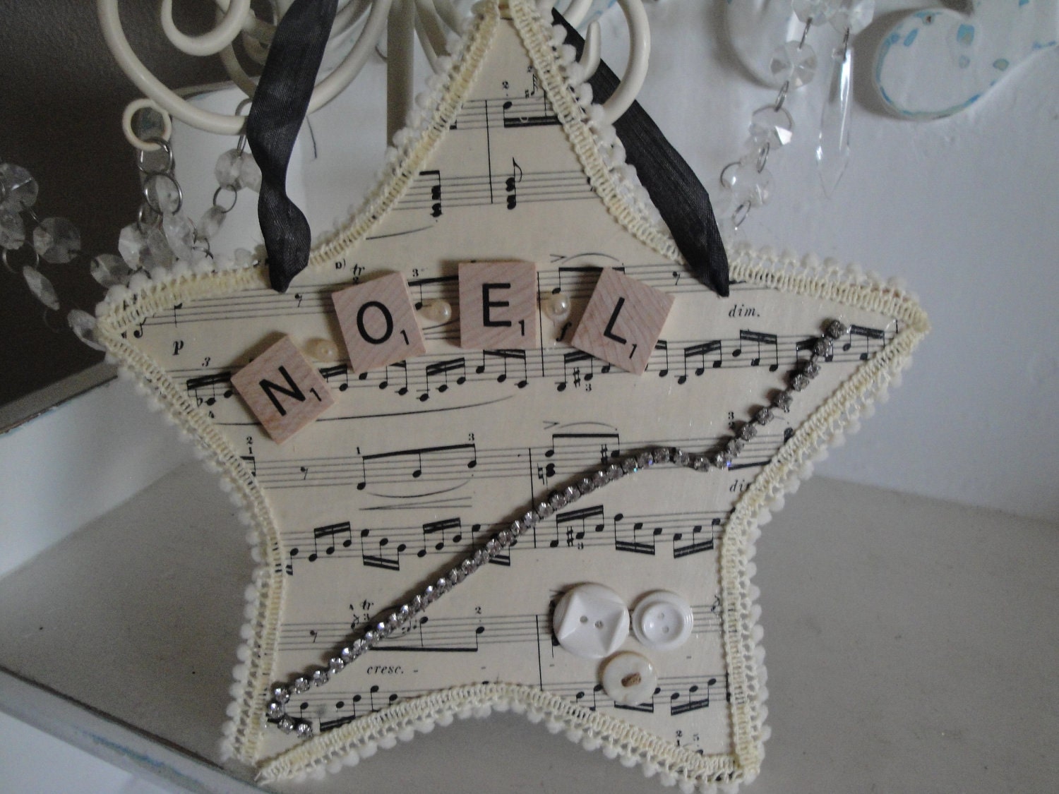 Shabby Chic Vintage Style Christmas Star Ornament Wall Hanging w/Music Sheet..Scrabble Tiles..Rhinestones..Buttons