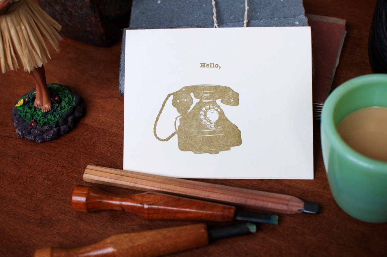 Letterpress Notecards - Vintage Phone "Hello"  - boxed set of 5