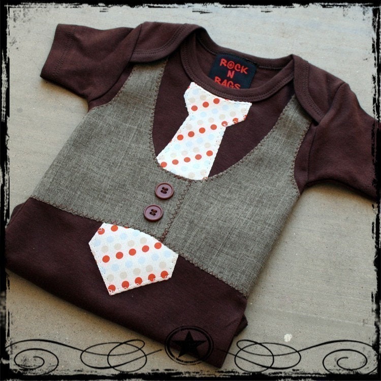 0-3M -- Brown Vest -- Blue, Orange and Tan Dot Tie -- Brown Bodysuit