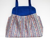 Blue and Red Vintage Fabric Show Off Bag. Large Purse. Oversize Handbag. Winter Blue Accessory. Beach Tote. Under 75