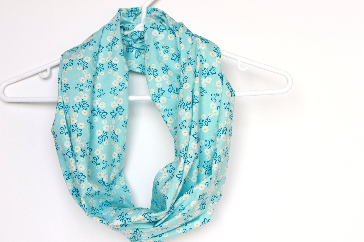 Organic Cotton Infinity Scarf. Circle Cowl Scarf. Spring Flowers. Aqua Blue. For Her. Women Fashion. Lightweight Scarf. Preppy. Eco