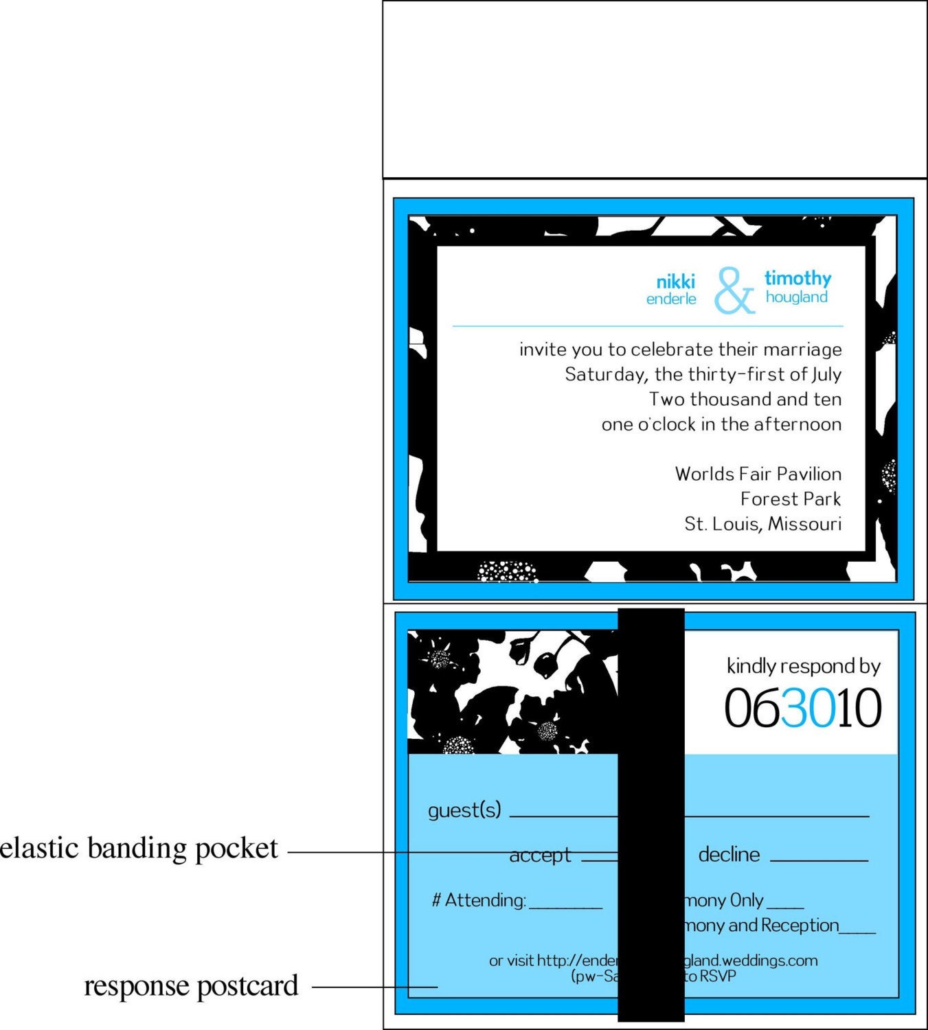 Blue Black and White Pocketfold Wedding Invitation