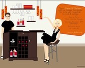 Exclusive FACES COLLECTION Vintage Inspired FUn and Spicy Modern Orange and Brown Stock the Bar Couples Bridal Shower Invitation