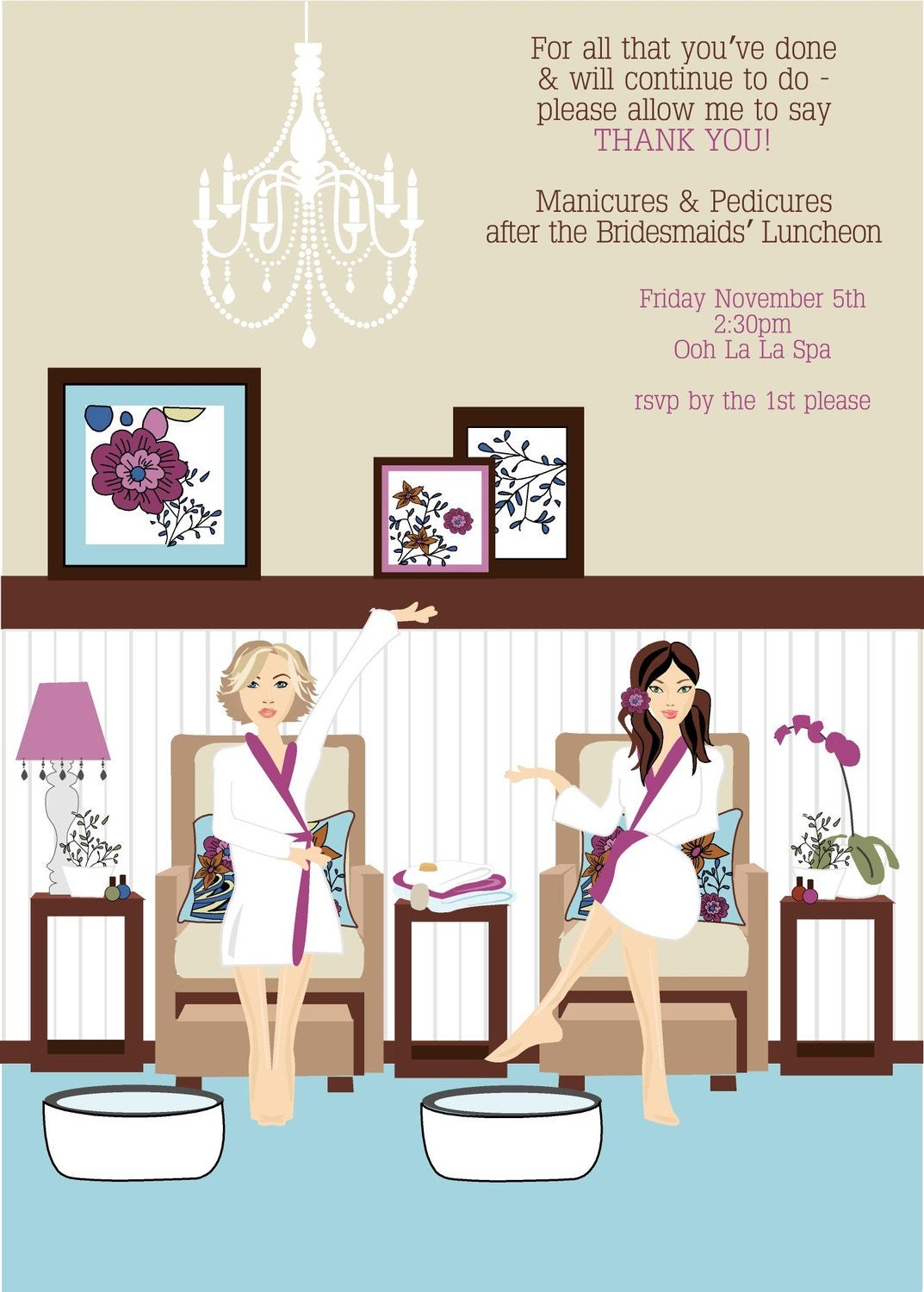 Exclusive FACES COLLECTION Vintage Inspired Modern Manicure Pedicure Nail Salon Bridesmaids Thank You Invitation