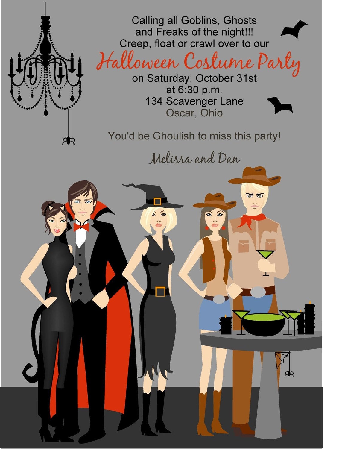 Exclusive FACES COLLECTION Adult Black and Brown Cat, Cowboy, Cowgirl, Vampire and Witch Costume Halloween Party Invitation