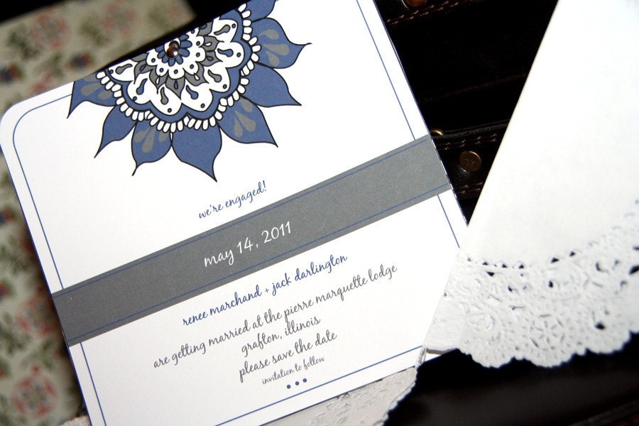 Classic Elegant Navy Midnight Blue Charcoal Gray and White with Silver Brad Wedding Save The Date Announcement