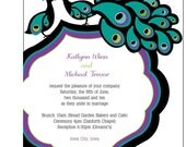 Fun NonTraditional Purple Blue Green Teal Peacock Wedding Invitation and Response Set