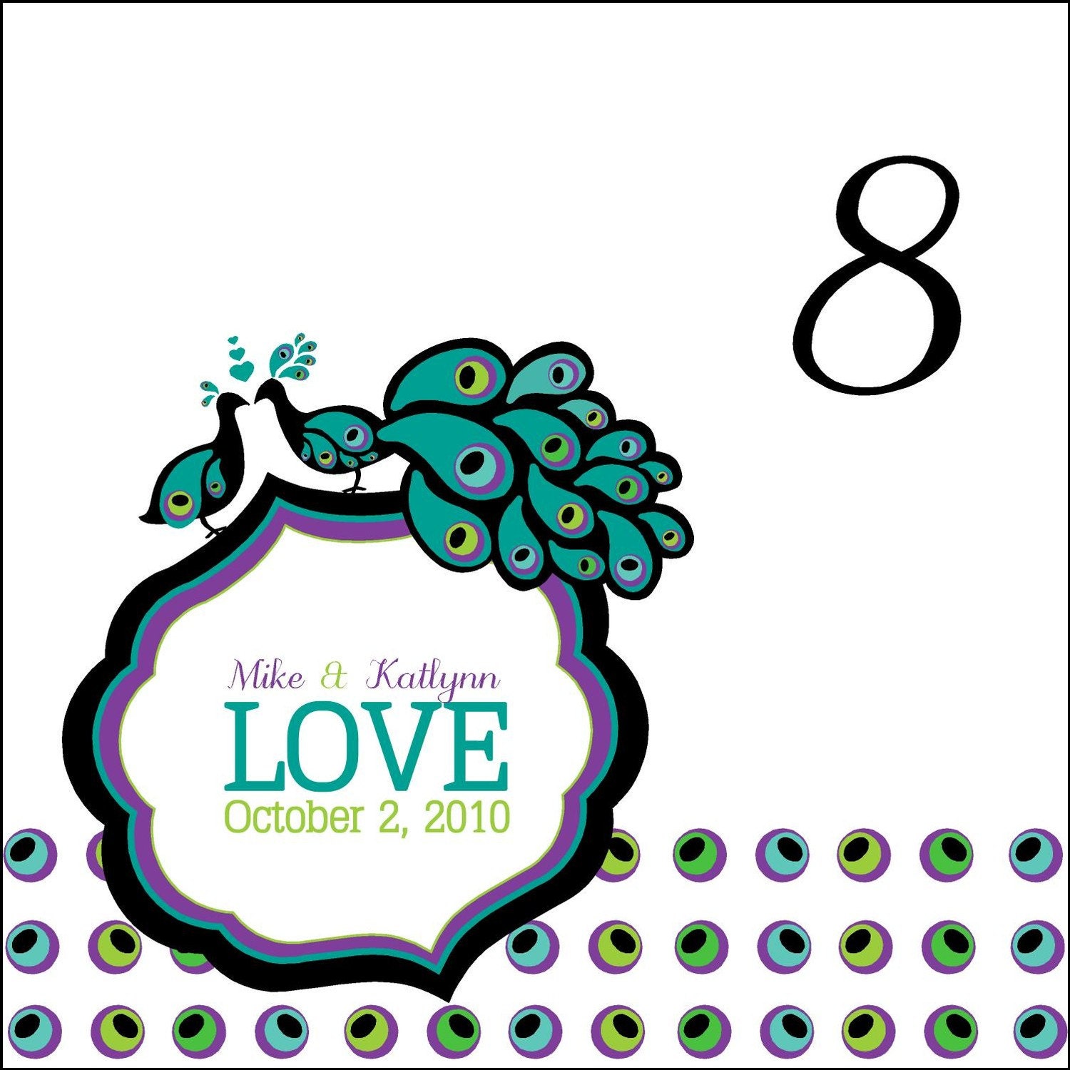 Purple Plum Wine Teal Blue Green Lime Peridot Love Peacocks Wedding Reception Table Numbers