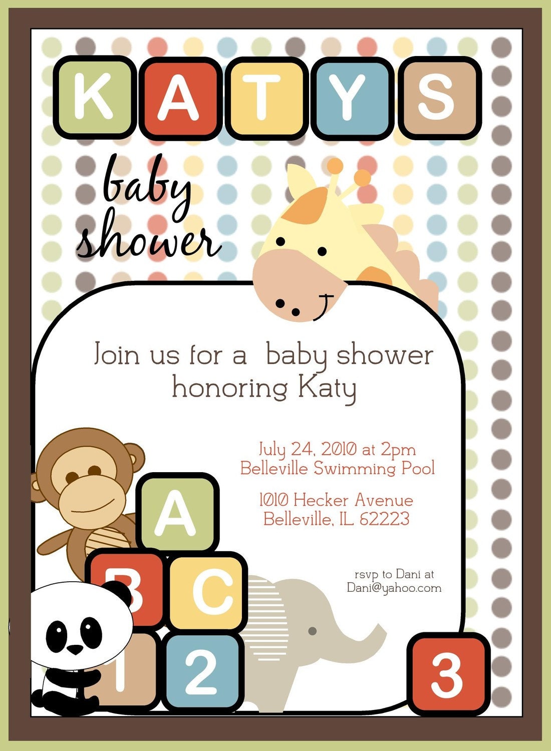 Sweet and Adorable Gender Neutral Green REd Yellow Blue Brown Blocks Monkey Panda Elephant Giraffe Jungle Baby Shower Invitation