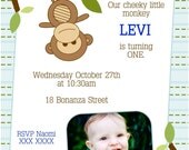 Custom Personalized Blue Brown Navy Tree Branch Flower Monkey Photo First Birthday Invitation