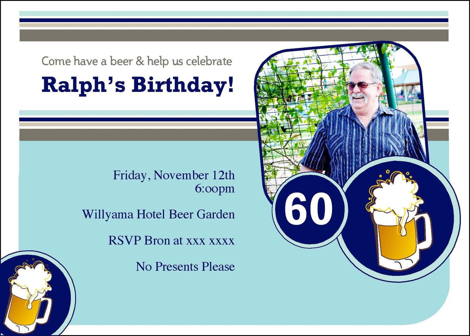 Blue Serene Royal Gray Grey Tan Beige Brown Beer Male Birthday Party Invitation