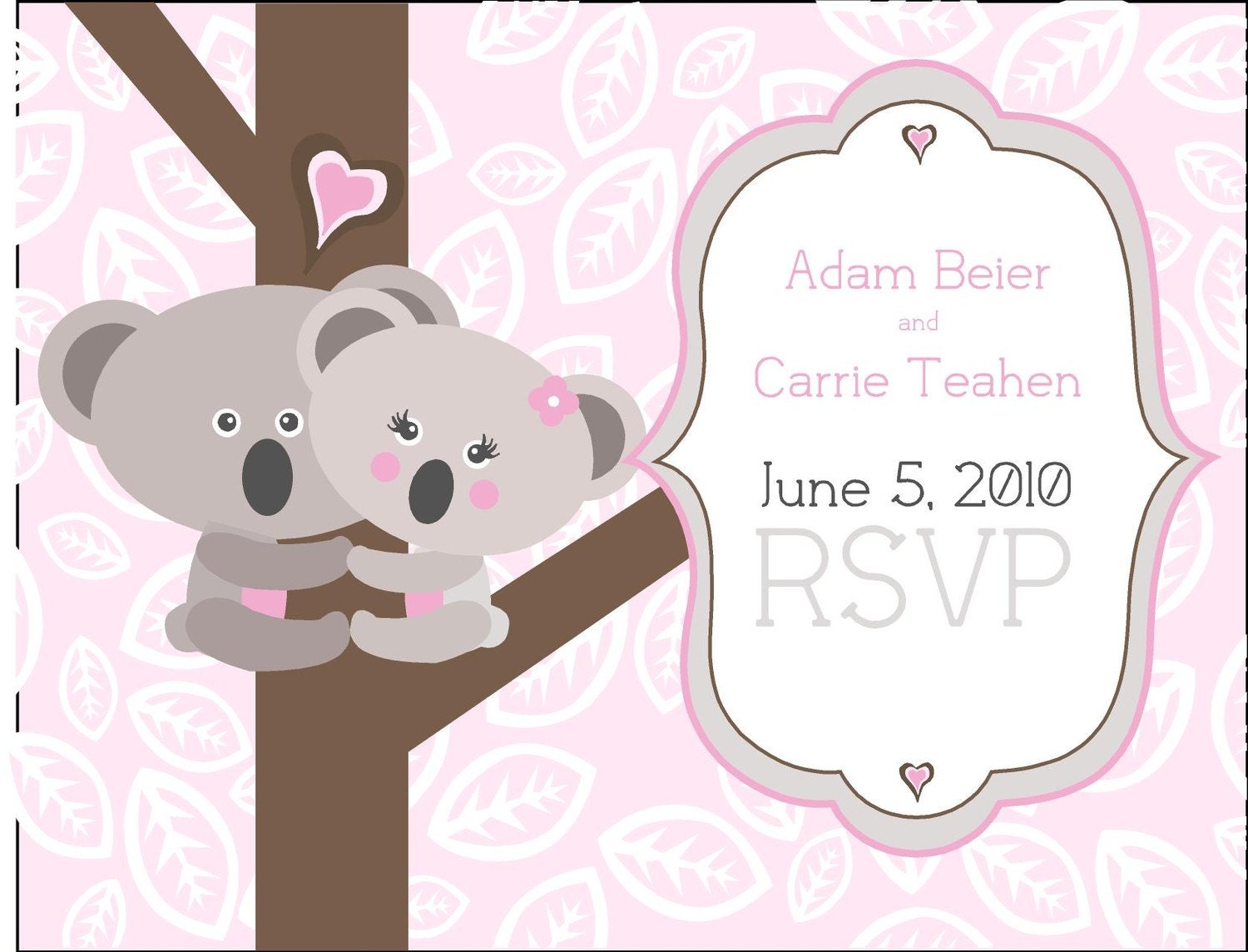 Fun NonTraditional Gray Pink Brown Koala Bride and Groom Couple Wedding Invitation