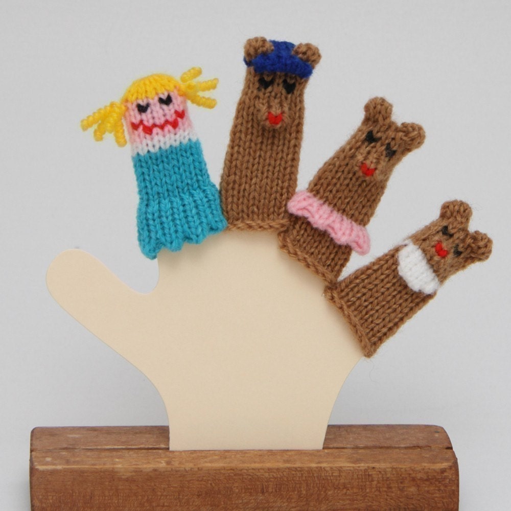 Goldilocks and the Three Bears Finger Puppet Set (Includes Goldilocks, Papa Bear, Mama Bear, and Baby Bear.)  We can create custom orders.