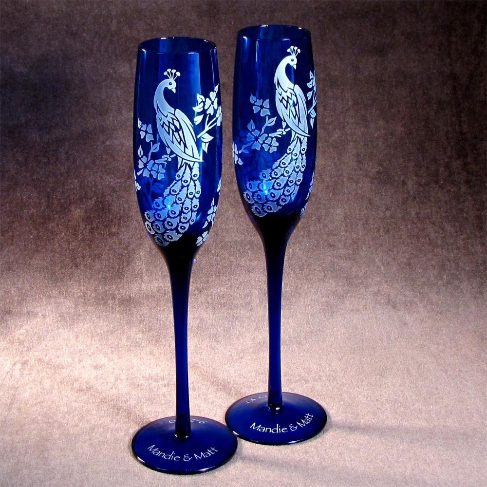 Peacock Wedding Champagne Flutes Cobalt Blue Etched Glass