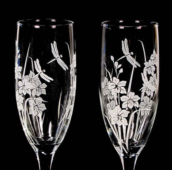 Personalized Wedding Champagne Flutes, Dragonfly & Orchid, Engraved