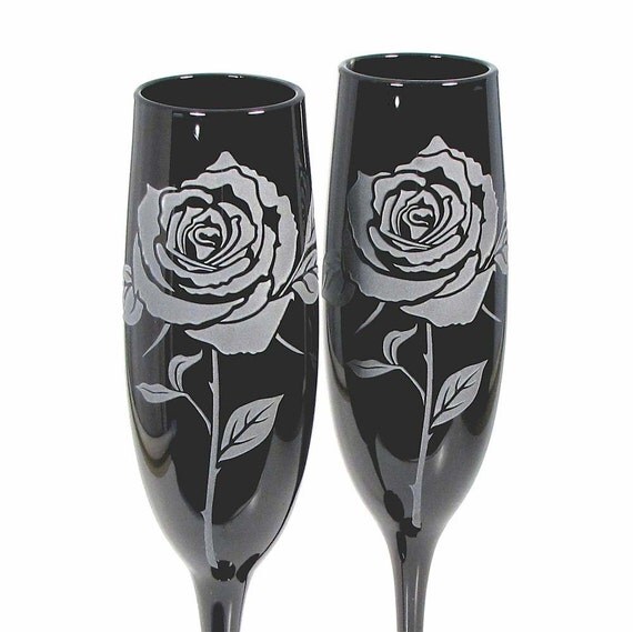 Black Wedding Champagne Flutes Personalized Rose by bradgoodell