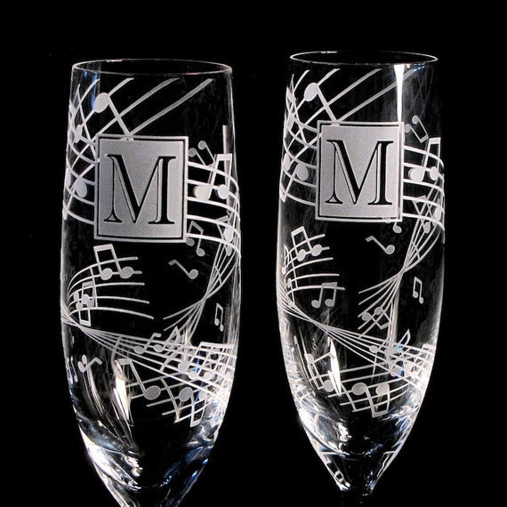 Music Wedding Toasting Flutes, Fine Crystal, Engraved and Personalized