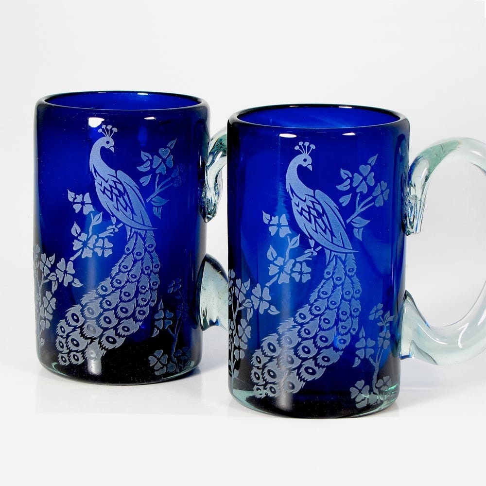 Special Edition Peacock Wedding Cobalt Blue Mug, Etched Glass