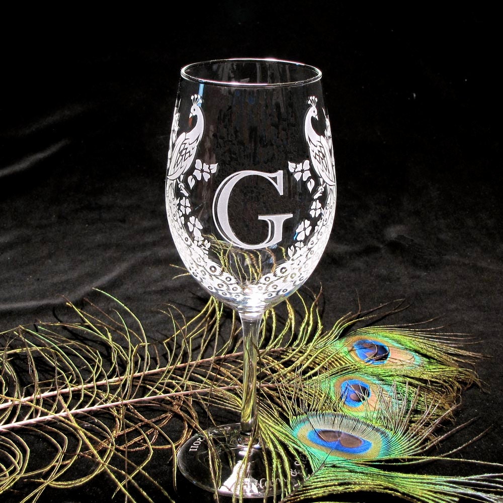 Monogrammed Wine Glasses, Peacock Motif, Etched Glass