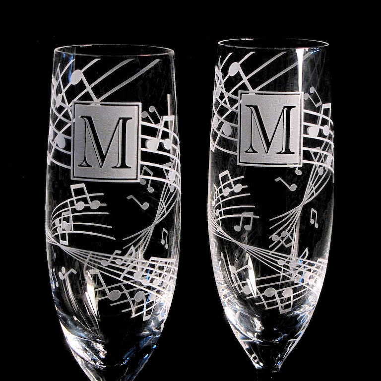 Music Wedding Toasting Flutes, Fine Crystal, Engraved and Personalized