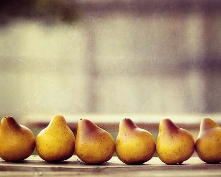 Autumn Food Fruit Photography - Pears in a Row - fall harvest Thanksgiving holiday foodie kitchen Peach Orange Earth Tones golden yellow - AmeliaKayPhotography