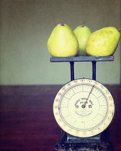 Food Kitchen Photograph -  Fruit Pears Lime green dark purple blue yellow for him for her under 35 dollars chef cook - Scale and Pears 8x10