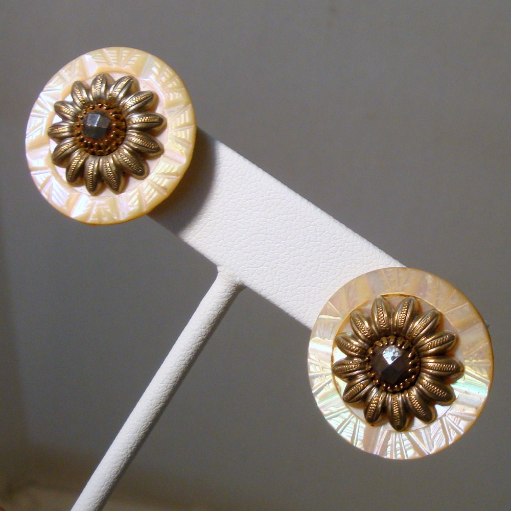Sterling Silver n MOP Flower Earrings, Carved Luminous Mother of Pearl Shell, Marcasite Center, Screwbacks 1950s..Gorgeous, Something Old