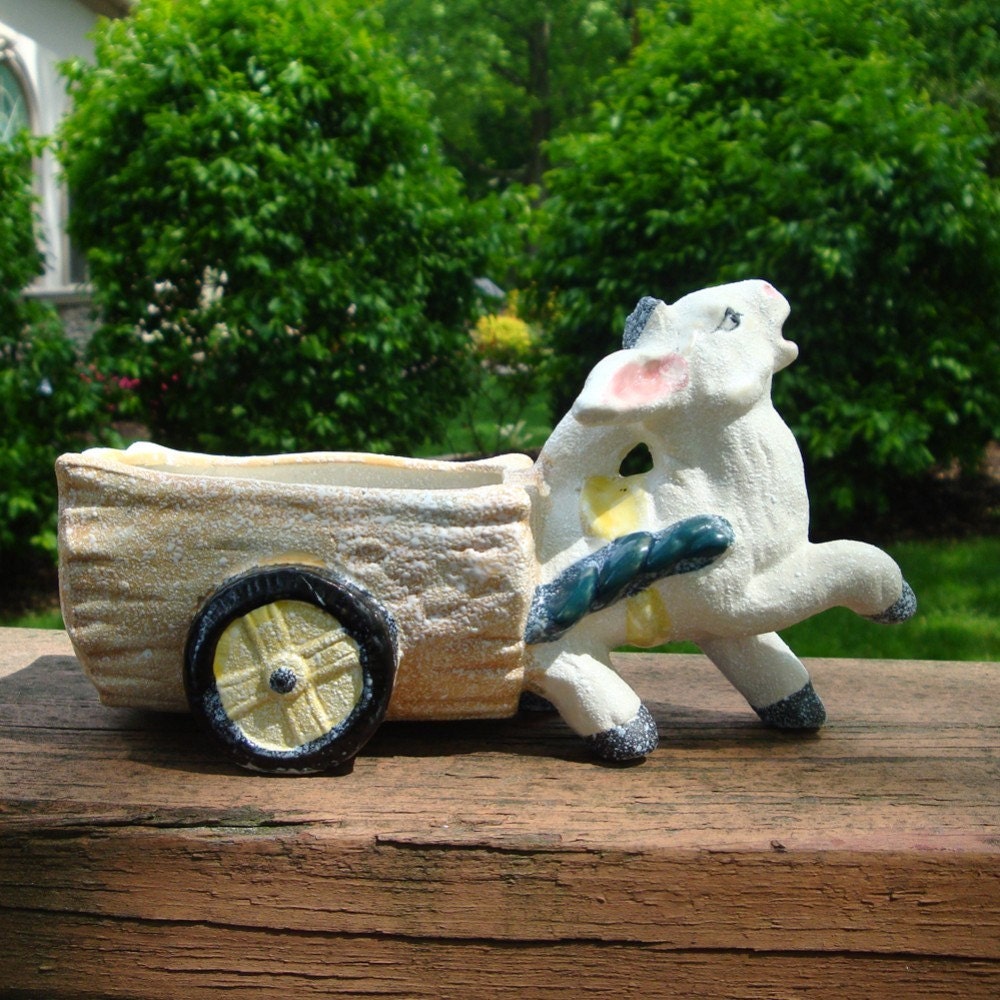 Donkey Planter.. 1940s 1950s Ceramic Post WWII Japan. Burro and Cart..White, Pink, Blue Black .Sugar Glaze
