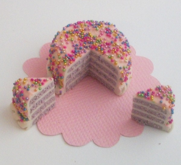 Miniature Lilac Cake with Pink Icing and Rainbow Sprinkles with 2 slices cut, Great for Fashion Dolls or a Dollhouse