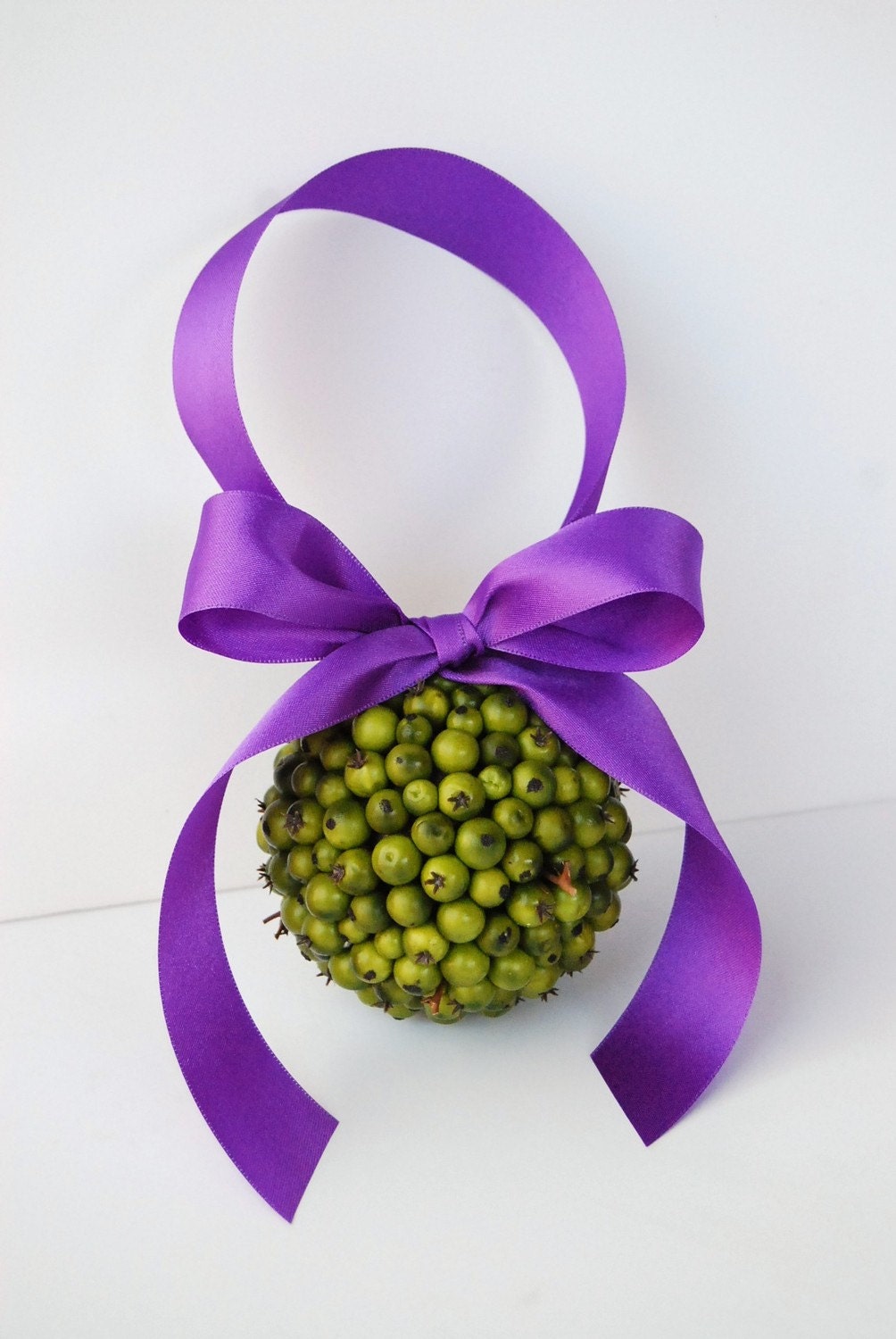 Green Berry Flower Girl Pomander - Purple Ribbon