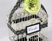 LARGE Bird Cage Wedding Card Holder - Black and Ivory Damask with Light Green Bloom