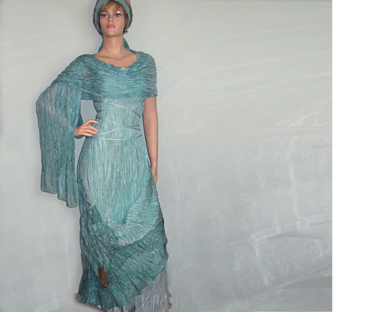 Silk hand painted dress SEA FLOWER aqua turquoise.