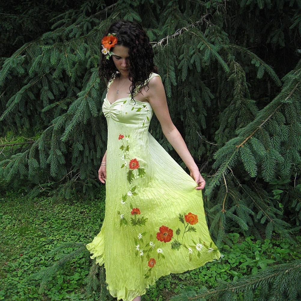Silk hand painted summer evening dress Poppy flowers