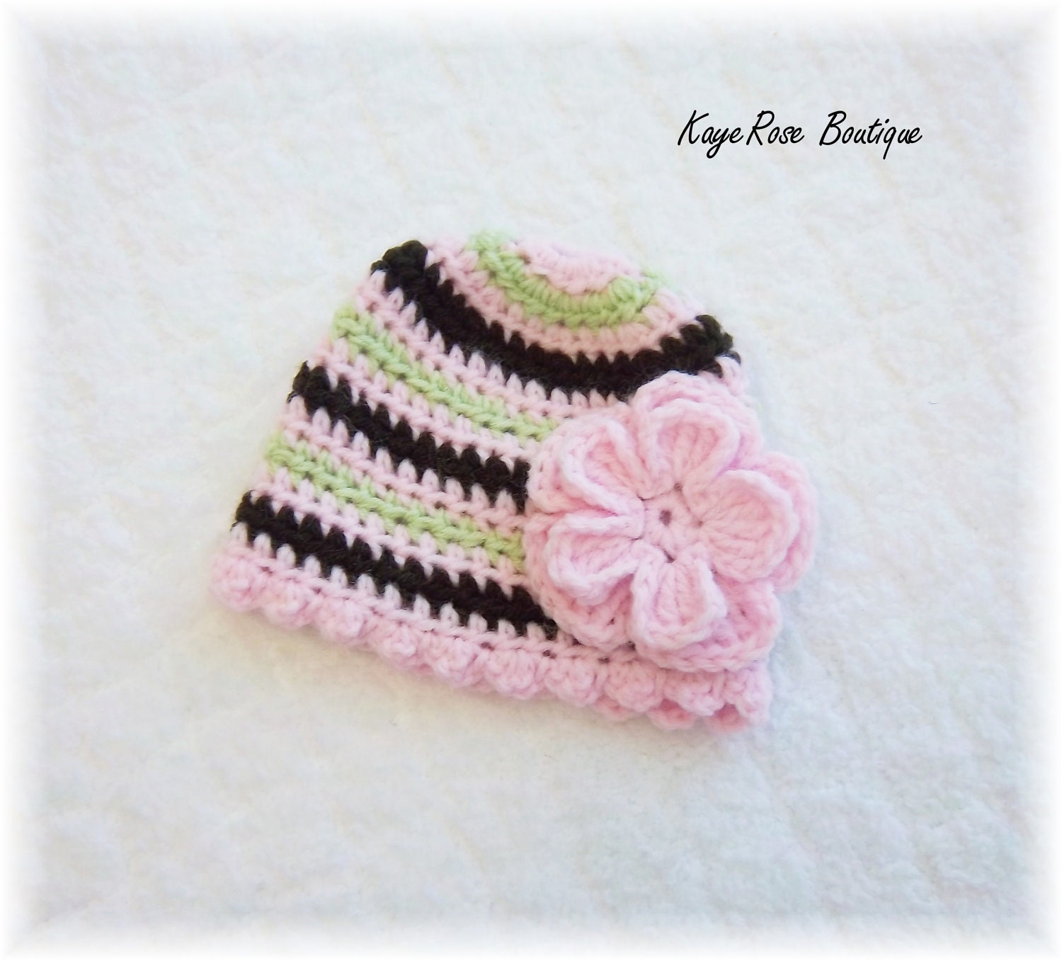 Newborn Baby Girl Striped Crochet Flower Hat Pink Brown & Green