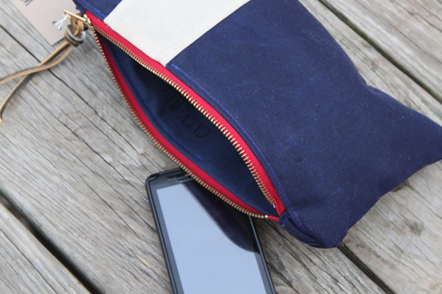 waxed canvas nautical striped zippered pouch utility bag