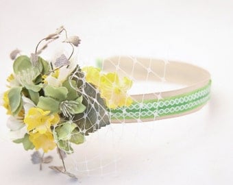 Spring flowers headband in green and yellow, headbands for women and weddings