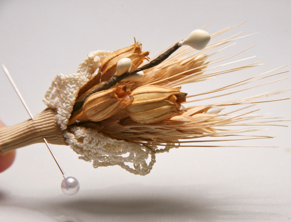 Wedding boutonniere, winter wheat and vintage lace