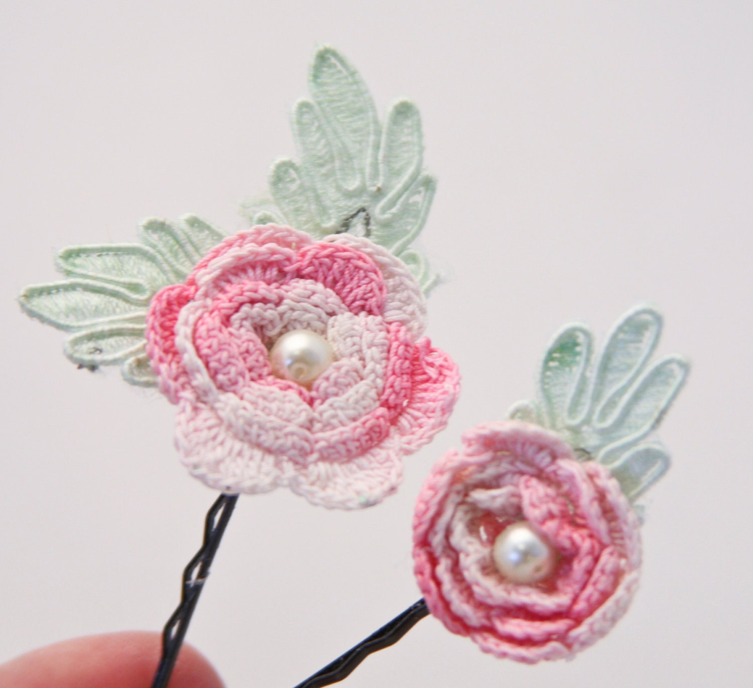 vintage flower bobby pins, pink and green, women hair accessory